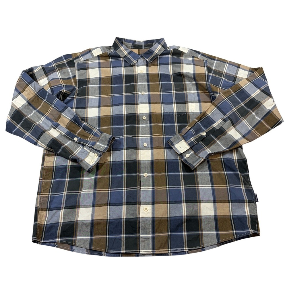 Patagonia Mens XL Organic Cotton Plaid Button Down Shirt Blue Brown Long Sleeve